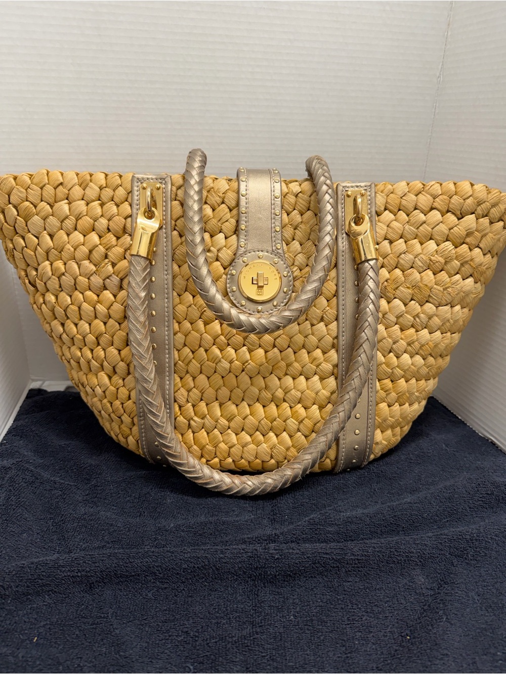 Michael Kors Woven Straw Tote with Metallic Gold Trim - Yellow